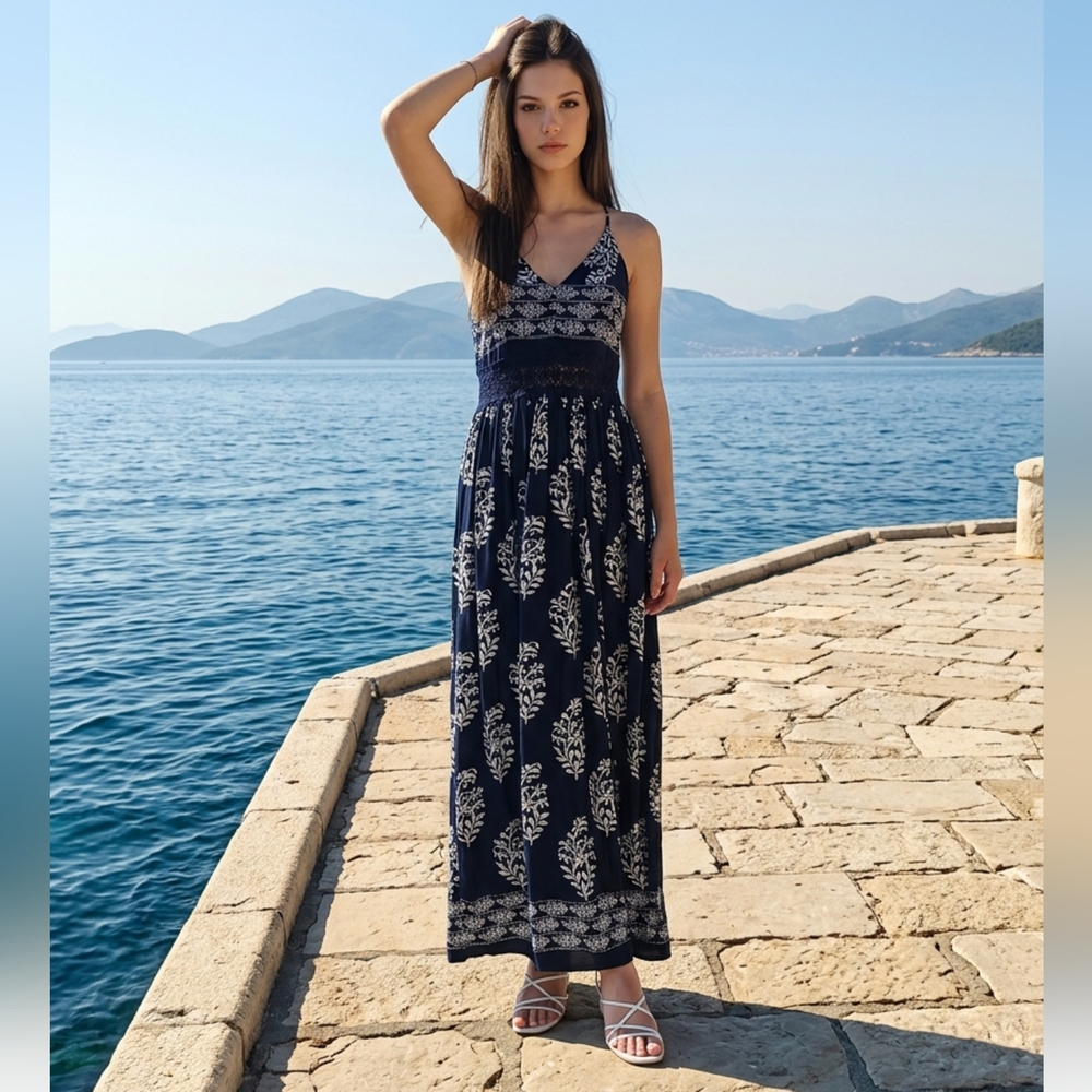 Fashion Nova Navy Blue and White Floral Maxi Dress